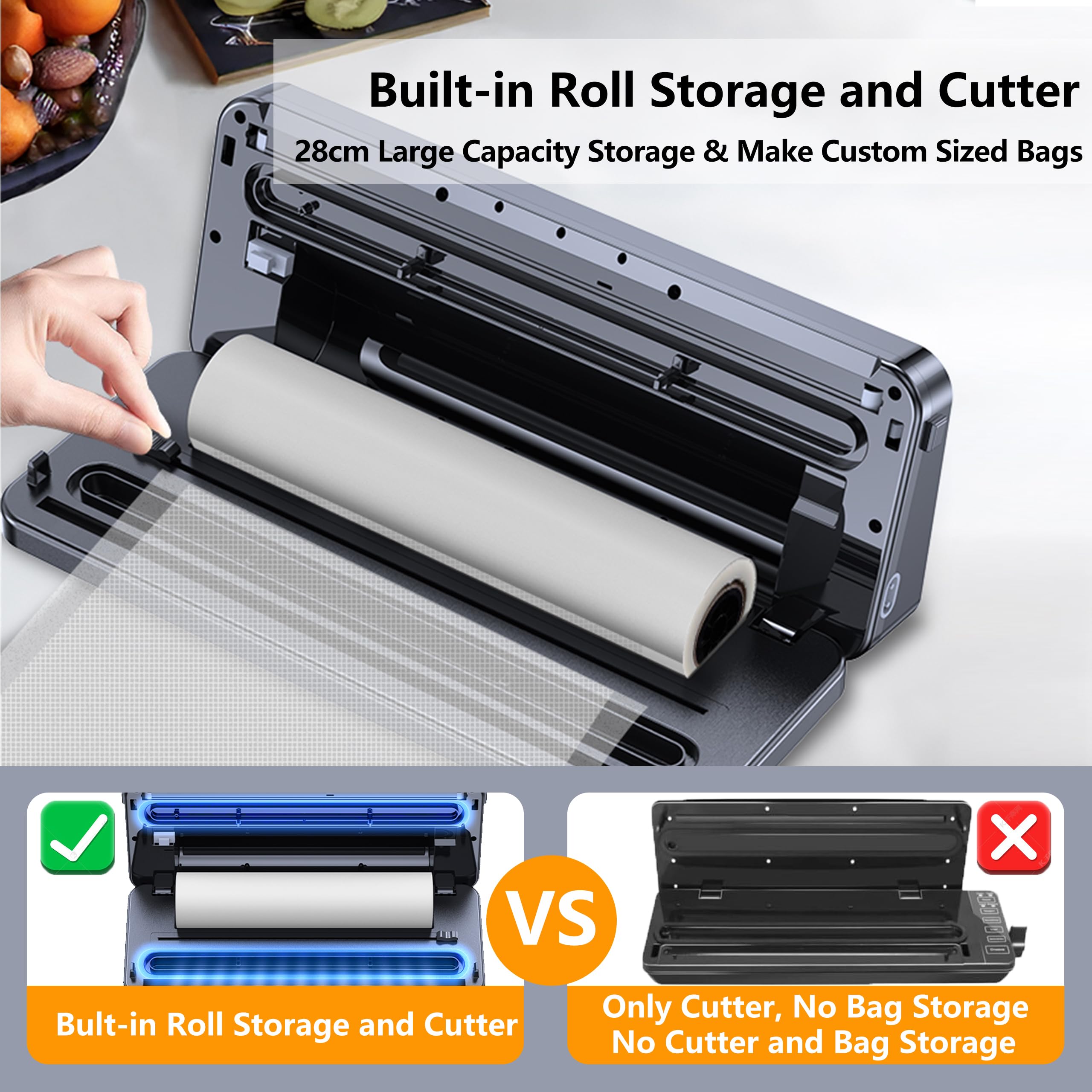 Vacuum Sealer Machine Built-in Bag Roll Storage and Cutter,Fast-Compact Food Sealer,90kpa Powerful Suction,Multi-Functional Food Vacuum Saver&Wide Seal,With1 Bag Roll&5pcs Pre-cut Bags