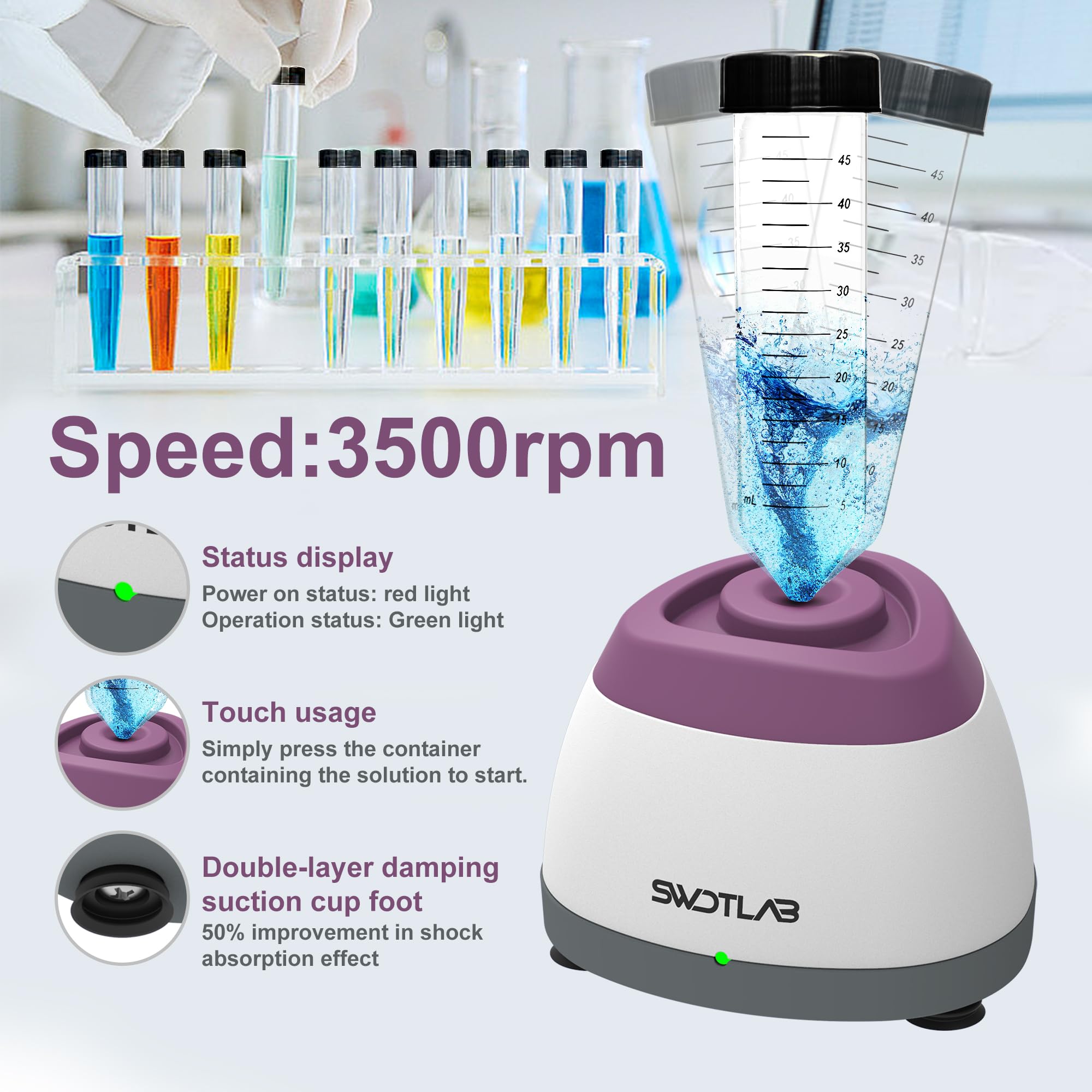 SWDTLAB Mini Vortex Mixer, Lab Vortex Shakers Speed 3500rpm with Touch Function LED Indicator Vortex Paint Mixer for Nail Polish Ink Eyelash Adhesives Test Tubes Vortex Mixing and Acylic Paint Purple