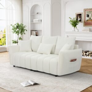 Wrofly Teddy Cloud Sofa Couch, Modern Deep Seat Boucle Sofa, Comfy Upholstered Sherpa 3 Seater Couch with 3 Pillows, Oversized Loveseat for Living Room Apartment Office, Beige White