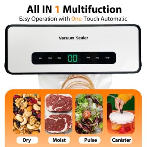 Vacuum Sealer Machine Built-in Bag Roll Storage and Cutter,Fast-Compact Food Sealer,90kpa Powerful Suction,Multi-Functional Food Vacuum Saver&Wide Seal,With1 Bag Roll&5pcs Pre-cut Bags