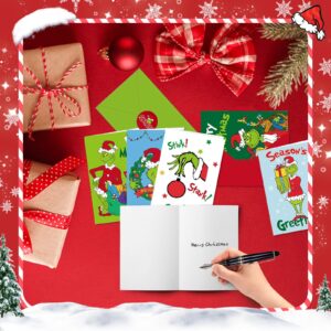 Fabelly Grinchs Christmas Cards, Set of 30 Christmas Cards Boxed with Envelopes and Stickers, 6 x 4 Inch 6 Assorted Designs Holiday Cards - Greeting Cards for Kids Boys Girls Adults