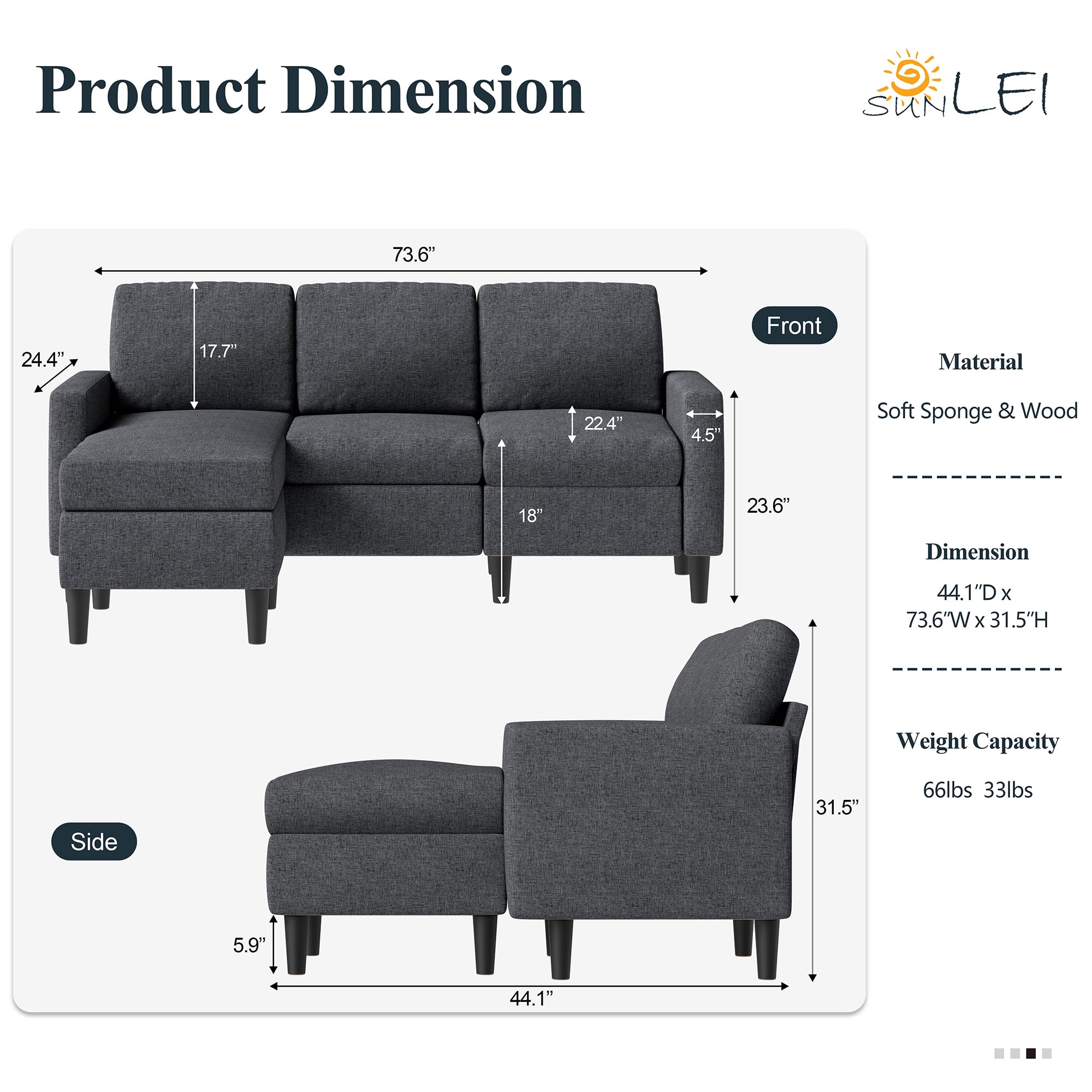 SUNLEI Sectional Sofa Couches for Living Room, L Shaped Couch with Reversible Chaise, Modern Linen Convertible Sectional Sofa for Small Space as Apartment, Black