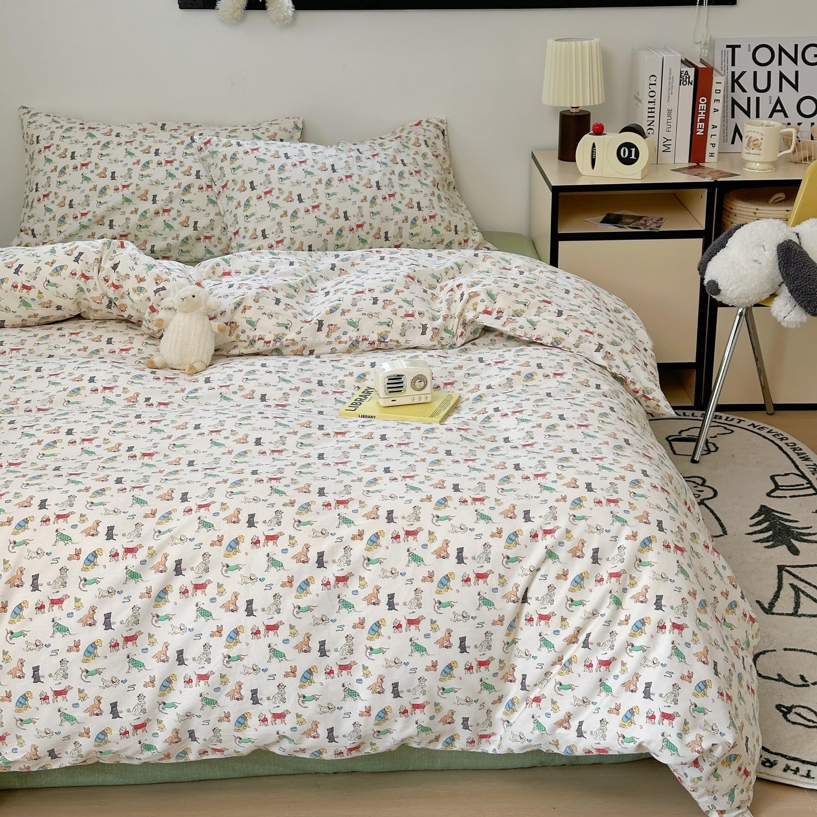 LIWHENHAO Dog Duvet Cover Set Twin 100% Cotton Bedding Cartoon Puppy Pet Pup on White 1 Kawaii Cute Animal Comforter Cover 2 Pillowcases for Kids Girls Boys