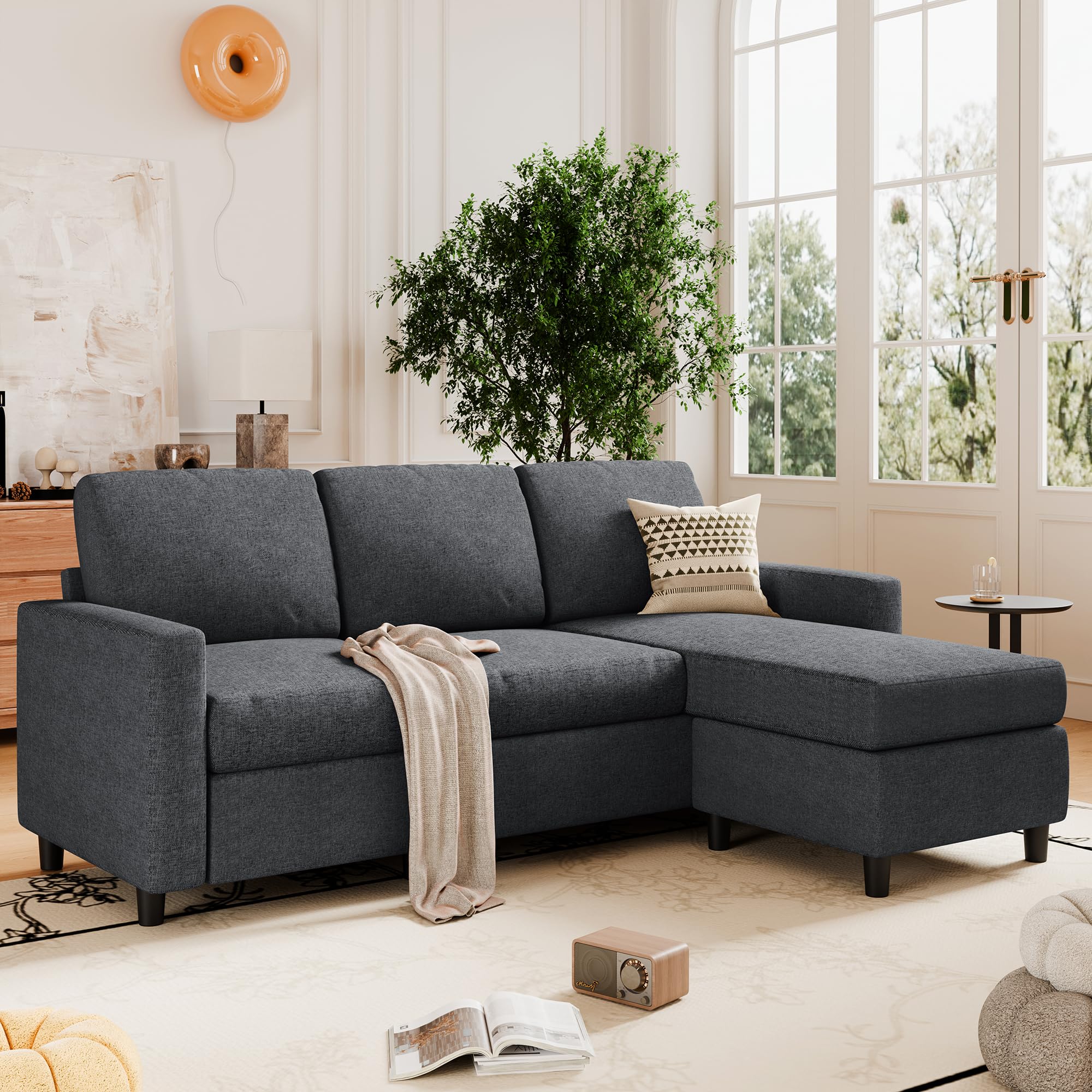 SUNLEI Sectional Sofa Couches for Living Room, L Shaped Couch with Reversible Chaise, Modern Linen Convertible Sectional Sofa for Small Space as Apartment, Black