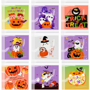 shblomk 450pcs halloween cellophane candy bags, 9 styles self-adhesive trick candy bags, goodie cookie gift bags for halloween party favors wrapping