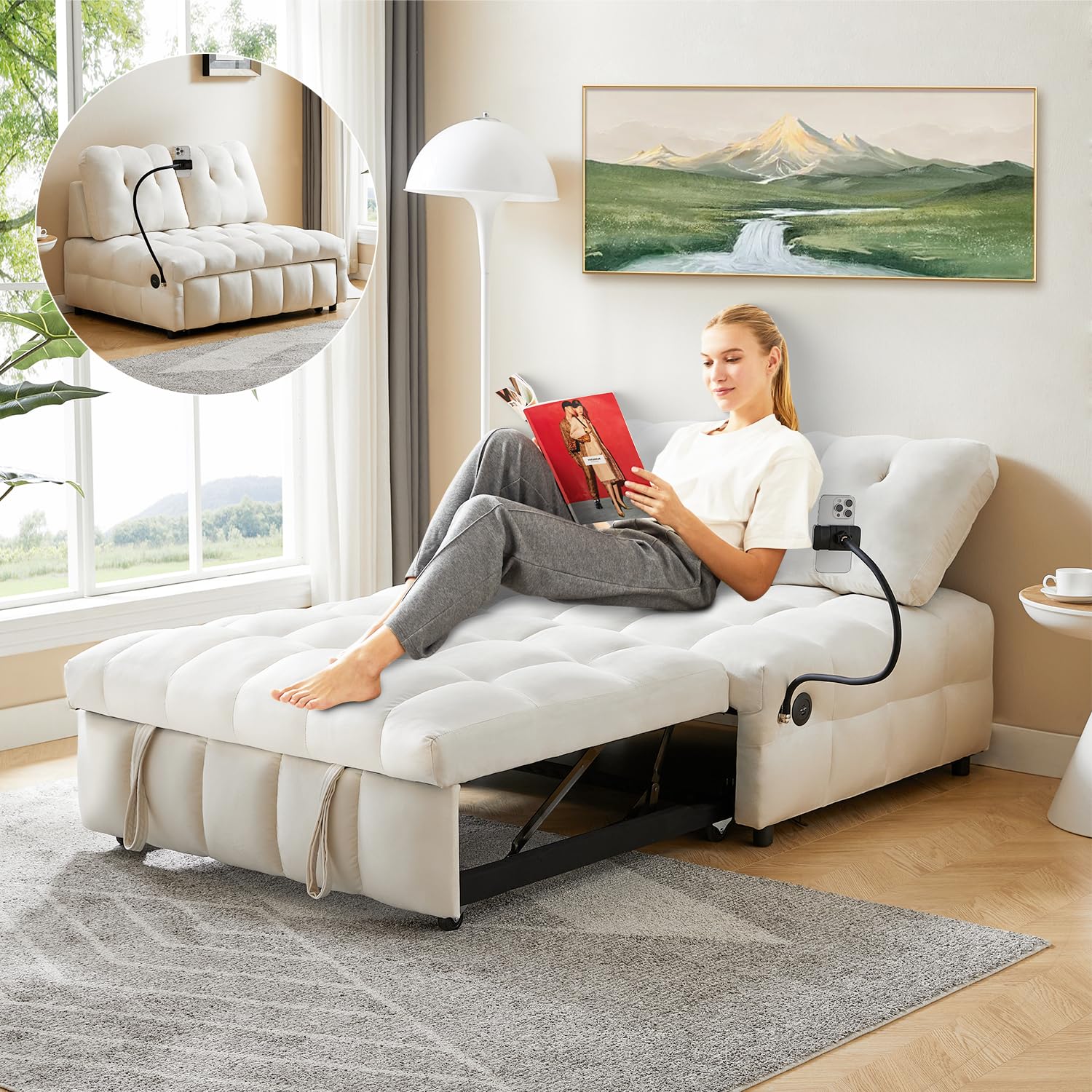 Cirui Sleeper Sofa Couch with Pullout Bed for Living Room,Modern Convertible 3 in 1 Sofa Bed Couch with Removable Backrest,Sleeper Sofa Bed with USB Port and Swivel Phone Stand,Beige