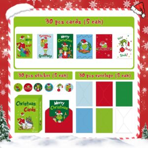 Fabelly Grinchs Christmas Cards, Set of 30 Christmas Cards Boxed with Envelopes and Stickers, 6 x 4 Inch 6 Assorted Designs Holiday Cards - Greeting Cards for Kids Boys Girls Adults