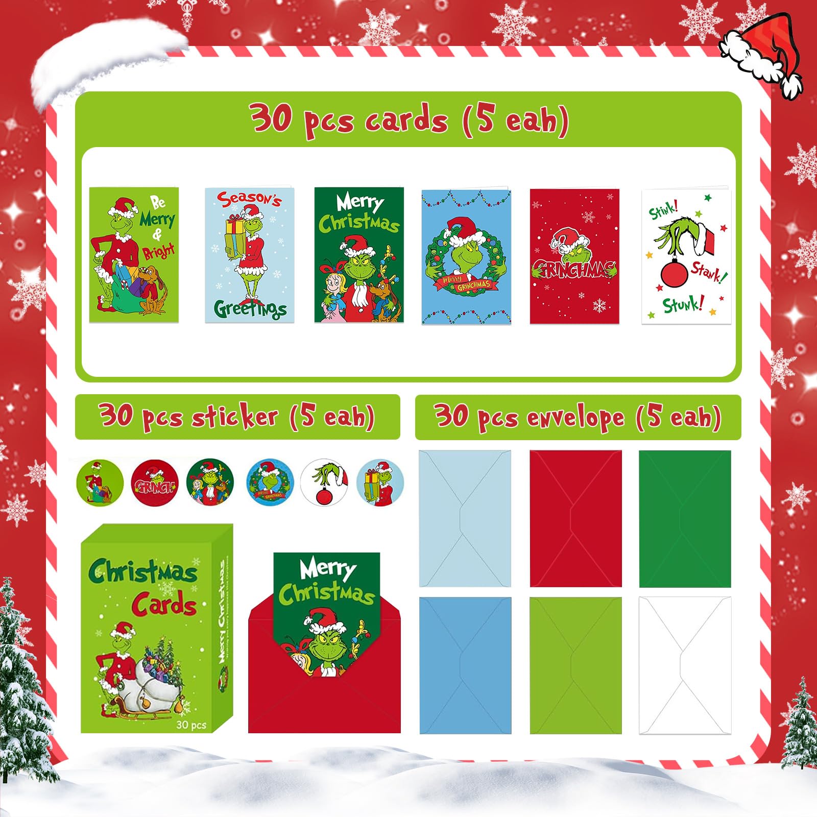 Fabelly Grinchs Christmas Cards, Set of 30 Christmas Cards Boxed with Envelopes and Stickers, 6 x 4 Inch 6 Assorted Designs Holiday Cards - Greeting Cards for Kids Boys Girls Adults