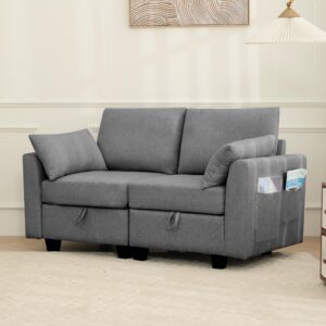 winlice convertible loveseat sectional sofa couch, linen fabric modular sofa with storage space for small apartments, living room, office and commercial space, dark gray