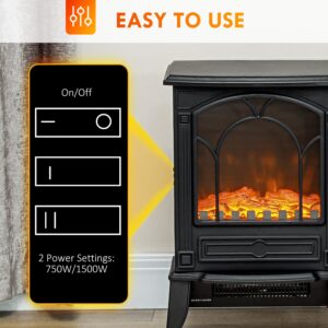 HOMCOM 22" Free Standing Electric Fireplace Stove, Fire Place Heater with Realistic Flame Effect, Overheat Safety Protection, 750W / 1500W, Black