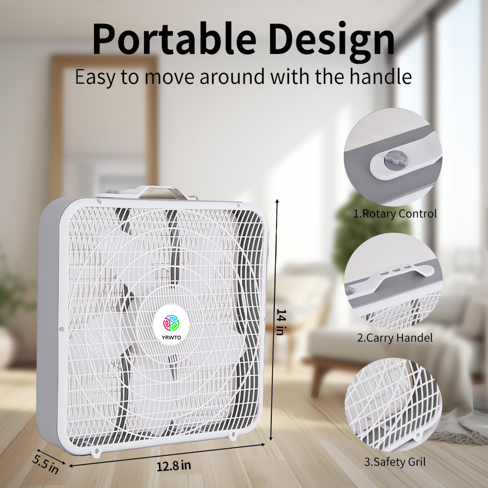 YRWTO 20 Inch Box Fan, Three Speeds Window Table Cooling Fan, Strong Wind, Quiet Operation Work Fan for Home, Bedroom, Office, and Outdoor Travel Box Fan for Full-Force Air Circulation