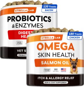 omega 3 + vet strength dog probiotics bundle - allergy &itch relief skin & coat supplement - 1 billion cfu + digestive enzymes - diarrhea, gas, constipation, upset stomach relief - 300ct - made in usa