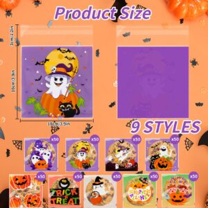 SHBLOMK 450PCS Halloween Cellophane Candy Bags, 9 Styles Self-adhesive Trick Candy Bags, Goodie Cookie Gift Bags for Halloween Party Favors Wrapping