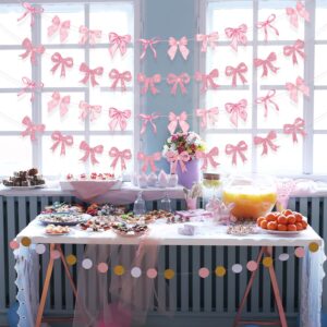 4 Pcs Pink Bow Party Decorations Banner, NO-DIY Coquette Birthday Decorations Garland, Girls Baby Shower Bow Birthday Decorations, Pink Bow Decor Banner for Bridal Shower Bachelorette Party Bow Party