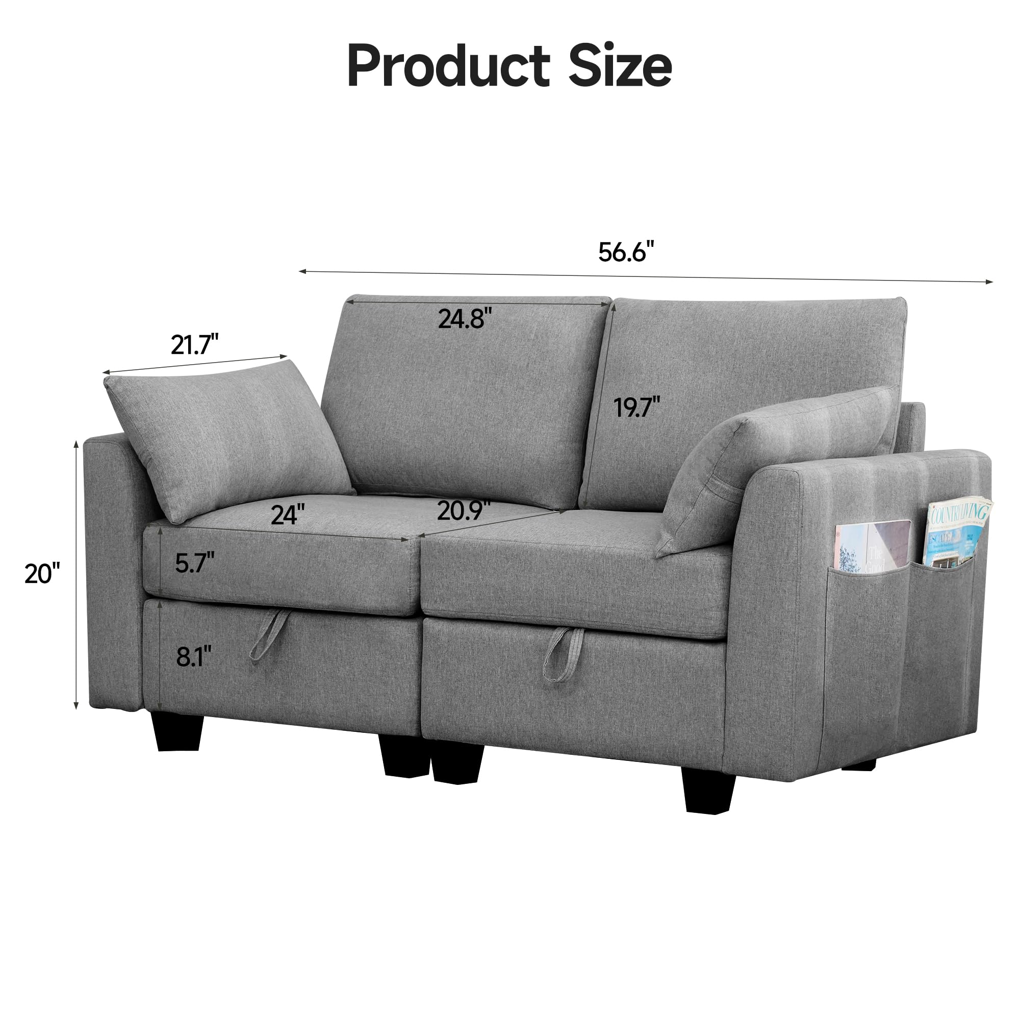 Winlice Convertible Loveseat Sectional Sofa Couch, Linen Fabric Modular Sofa with Storage Space for Small Apartments, Living Room, Office and Commercial Space, Dark Gray