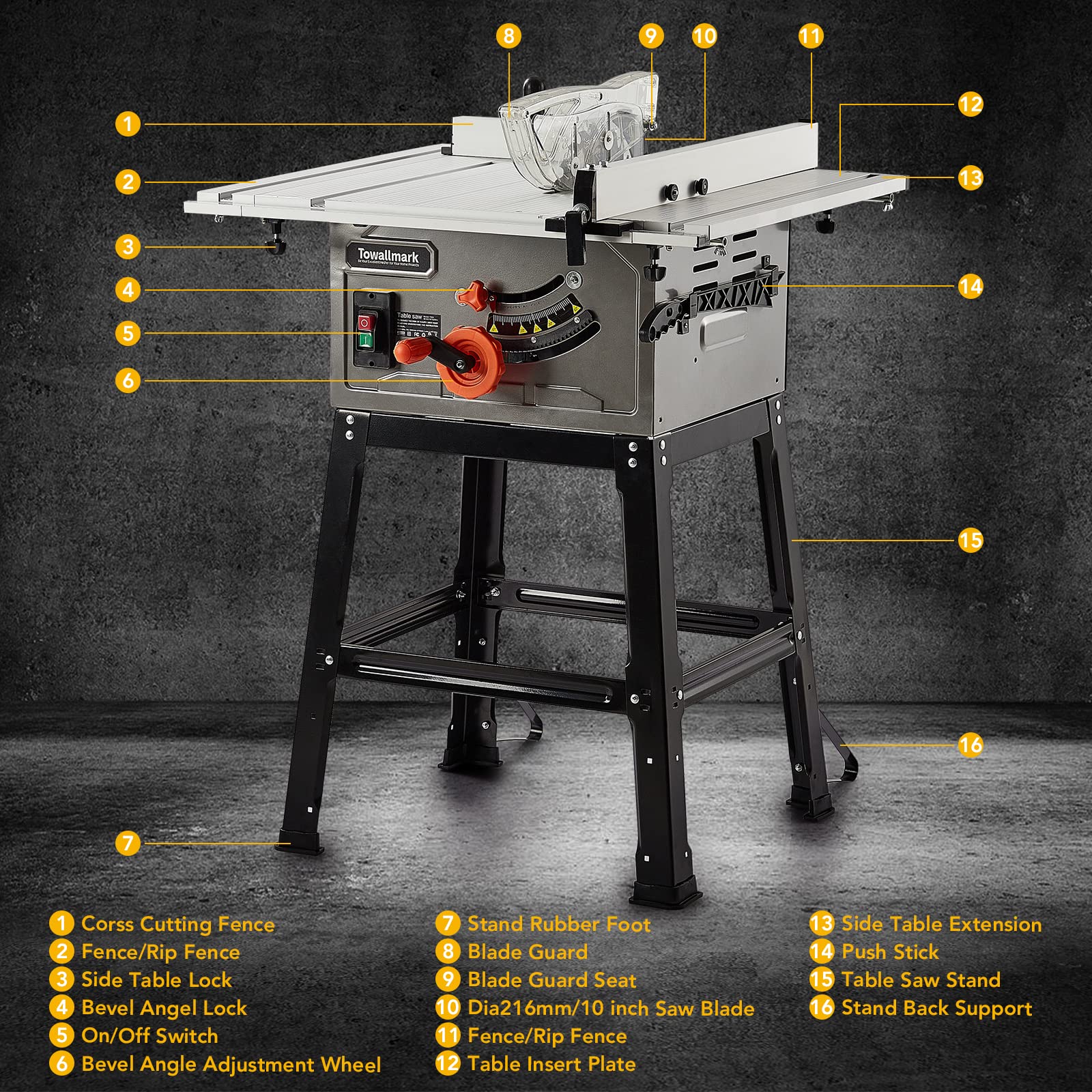 Table Saw 10 Inch, 5000RPM Powerful Tablesaw With Stand & Protective Cover, 90°Cross Cut & 0-45°Bevel Cut, Jobsite Table Saw Adjustable Depth, for Woodworking, Metal, Plastic