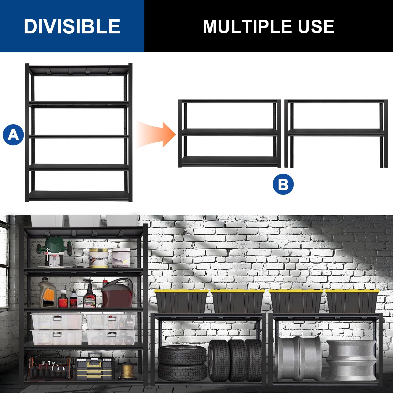 BILT HARD 48" W x 24" D x 72" H Garage Shelving Heavy Duty 2750LBS, 48 Inch Wide Adjustable 5-Tier Metal Shelves for Storage, Industrial Metal Shelf Utility Racks for Basement, Shop, Warehouse, Black