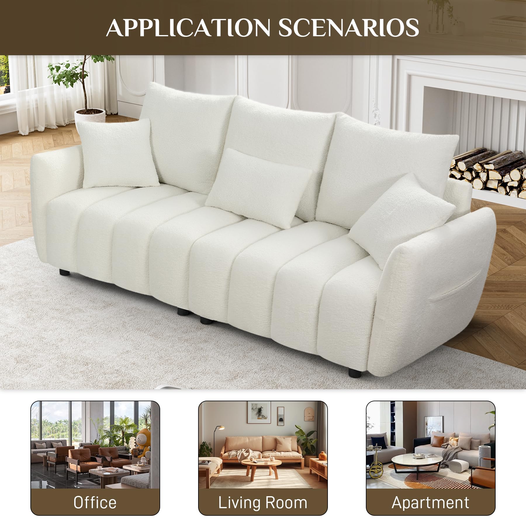 Wrofly Teddy Cloud Sofa Couch, Modern Deep Seat Boucle Sofa, Comfy Upholstered Sherpa 3 Seater Couch with 3 Pillows, Oversized Loveseat for Living Room Apartment Office, Beige White