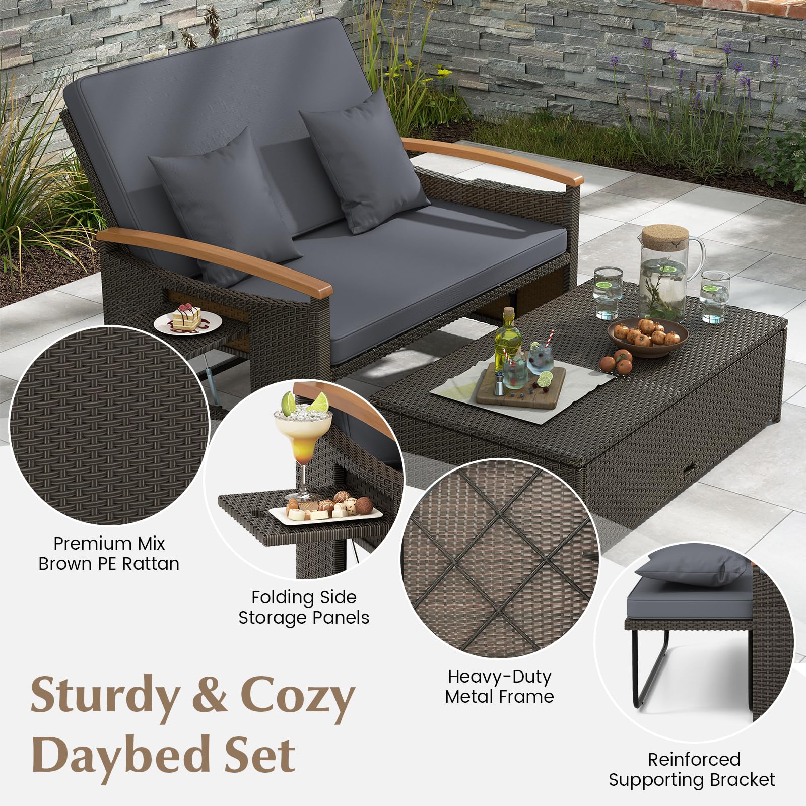 HAPPYGRILL Outdoor Wicker Sofa Daybed, Rattan Loveseat with Folding Panels & Storage Ottoman, 4-Level Adjustable Backrest, Cozy Cushions Included, Sun Lounger Daybed for Backyard Porch, (Grey)