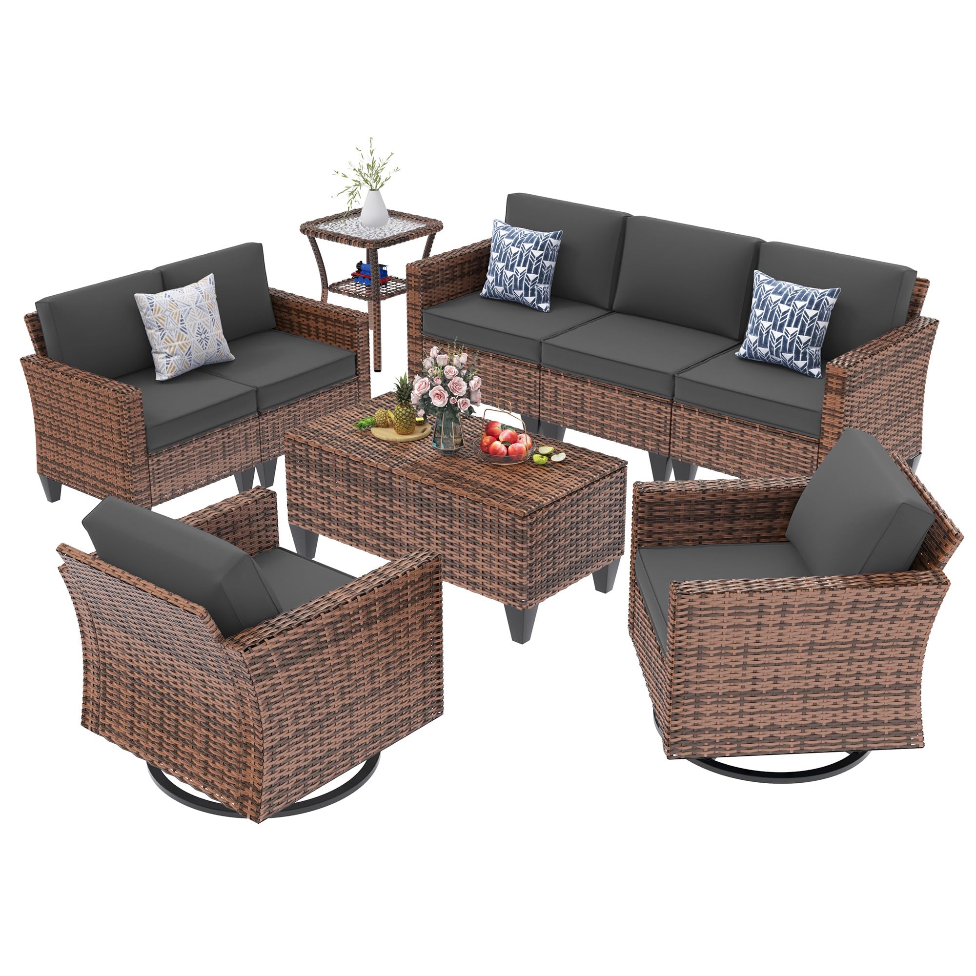 UDPATIO Patio Furniture Set, 6 Pieces Outdoor Conversation Sets with Rocking Swivel Chairs, Wicker Rattan Outdoor Sofa Set with Storage Table and Waterproof Covers for Backyard, Deck, Porch