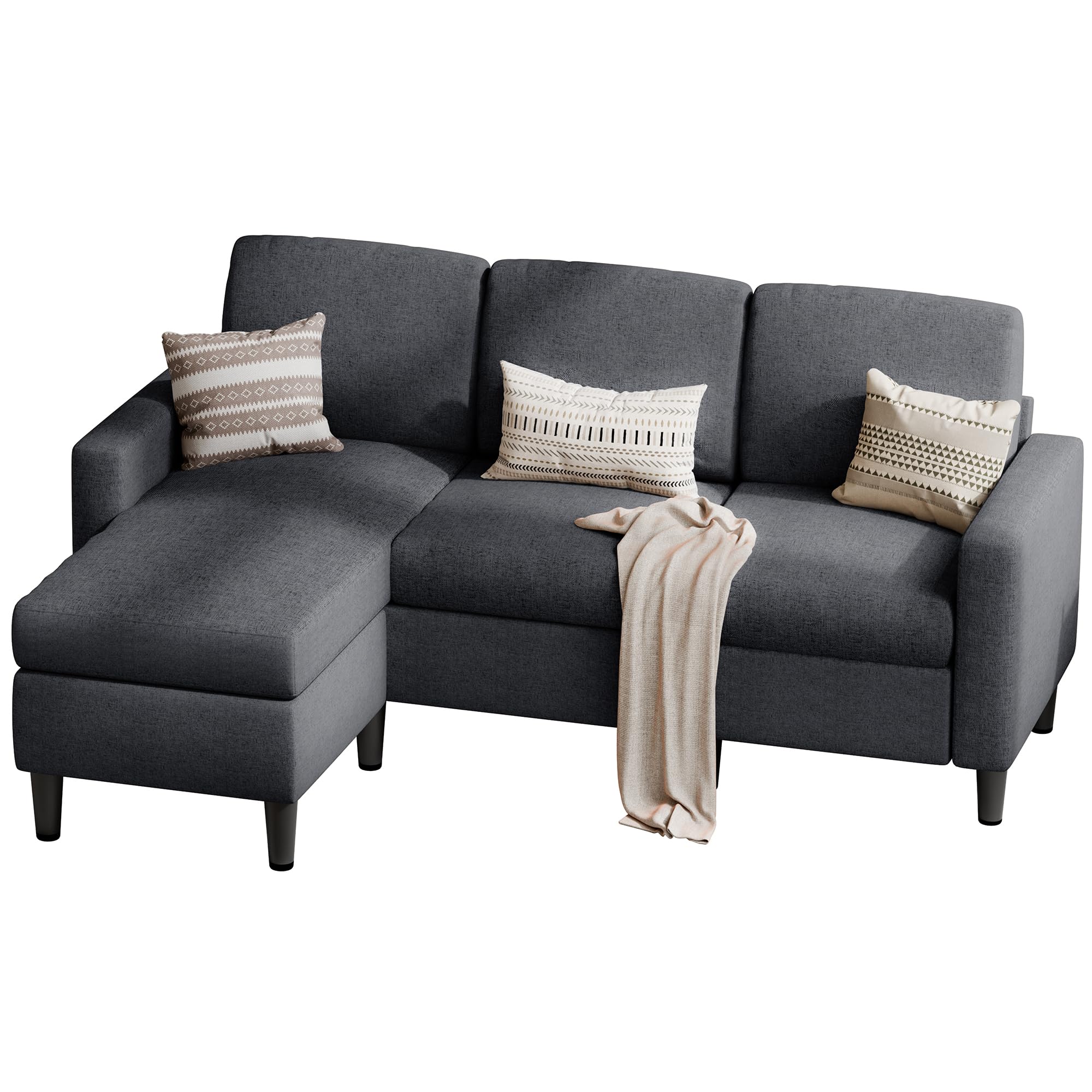 SUNLEI Sectional Sofa Couches for Living Room, L Shaped Couch with Reversible Chaise, Modern Linen Convertible Sectional Sofa for Small Space as Apartment, Black