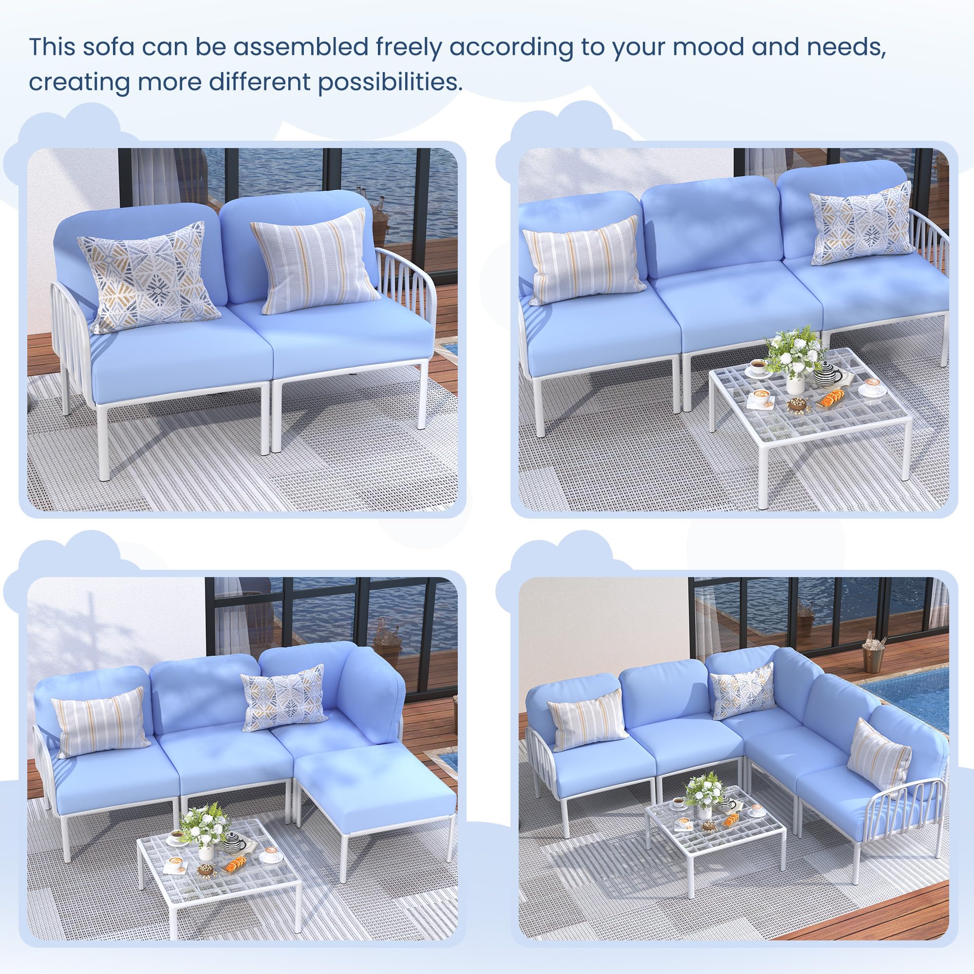 UDPATIO Resin Oversized Patio Furniture Set, Modular DIY Outdoor Sectional Sofa Set, All Weather UV Patio Conversation Set with 5.4'' Thick Cushion for Backyard, Deck, 8pcs Blue White