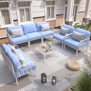 UDPATIO Resin Oversized Patio Furniture Set, Modular DIY Outdoor Sectional Sofa Set, All Weather UV Patio Conversation Set with 5.4'' Thick Cushion for Backyard, Deck, 8pcs Blue White