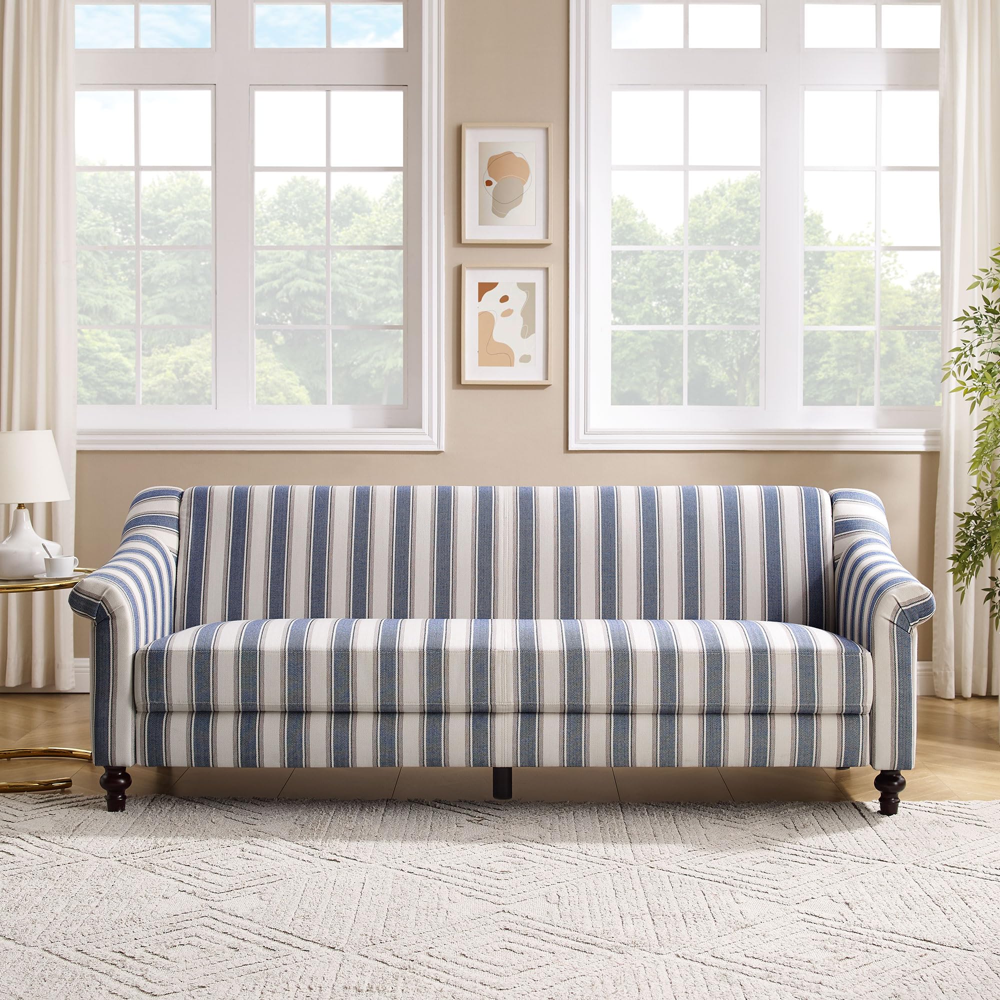 VANOMi 84.25'' Upholstered Sofa with Stripe Pattern, Mid-Century Modern Striped Fabric 3-seat Couch for Living Room, Bedroom, Office, Apartment