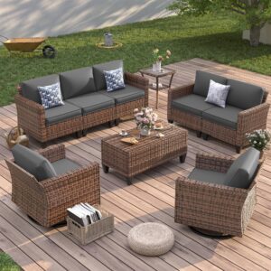 UDPATIO Patio Furniture Set, 6 Pieces Outdoor Conversation Sets with Rocking Swivel Chairs, Wicker Rattan Outdoor Sofa Set with Storage Table and Waterproof Covers for Backyard, Deck, Porch