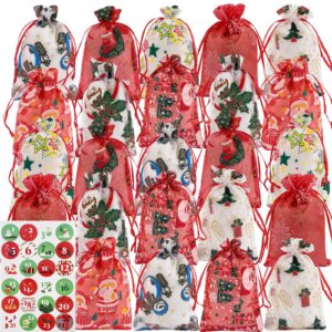 yeatem 24 pieces small christmas gift bags, christmas gift bags bulk, christmas candy bags,drawstring christmas bags, christmas holiday new year party favors, 8 designs organza bags