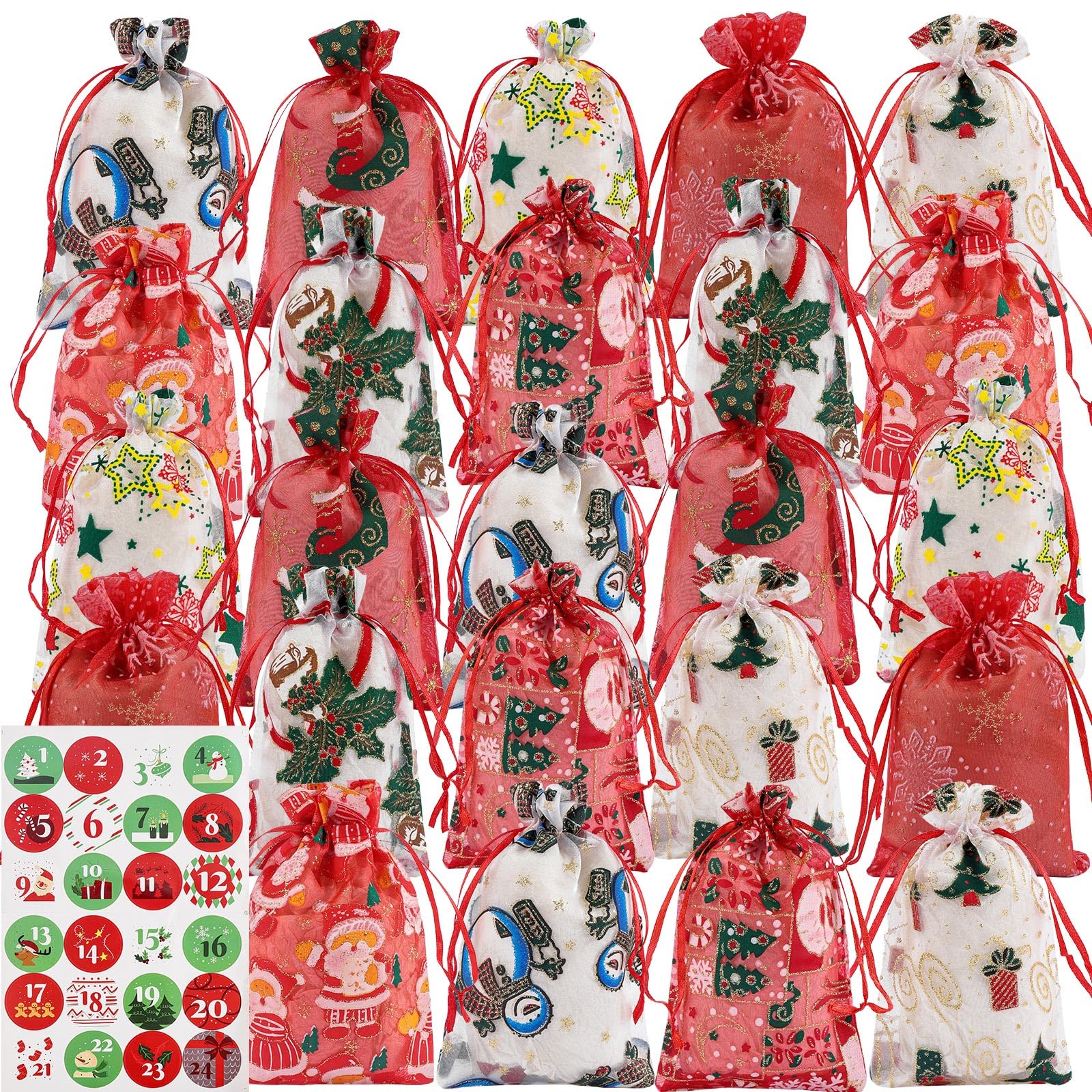 yeatem 24 Pieces Small Christmas Gift Bags, Christmas Gift Bags Bulk, Christmas Candy Bags,Drawstring Christmas Bags, Christmas Holiday New Year Party Favors, 8 Designs Organza Bags