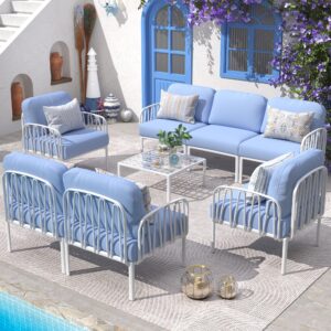 udpatio resin oversized patio furniture set, modular diy outdoor sectional sofa set, all weather uv patio conversation set with 5.4'' thick cushion for backyard, deck, 8pcs blue white