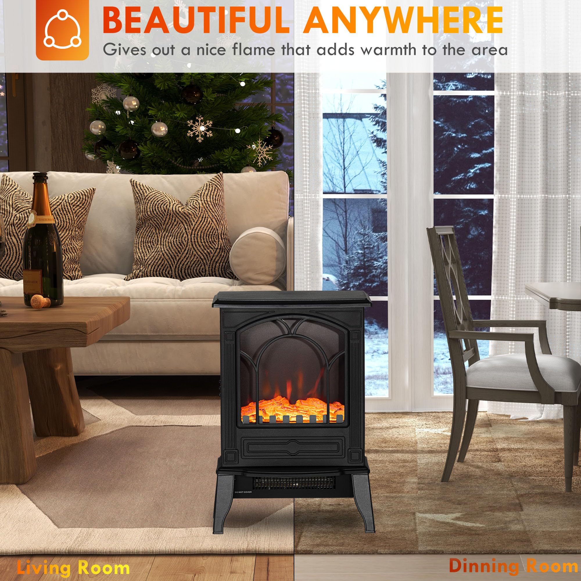 HOMCOM 22" Free Standing Electric Fireplace Stove, Fire Place Heater with Realistic Flame Effect, Overheat Safety Protection, 750W / 1500W, Black