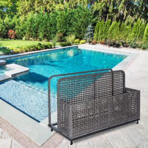 Flarhetoric Pool Float Storage PE Rattan Poolside Float Storage with Wheels & Side Shelves, Elevated Design for Dryness, for Patios, Gardens and Balconies, Grey