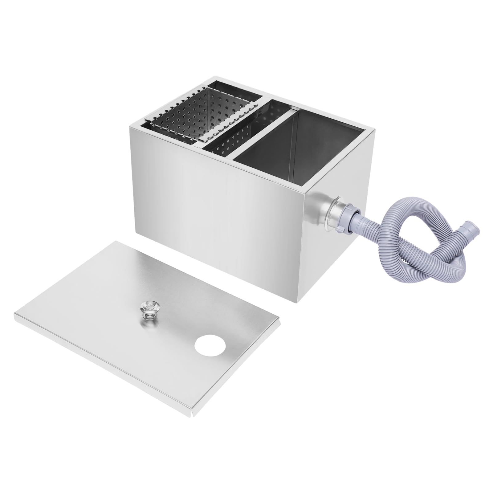 Commercial Grease Trap Interceptor, Under Sink Grease Trap Stainless Steel Interceptor Top Inlet with Drainage Pipe and Lid for Restaurant Home Kitchen Tools, 13.79" x 9.85" x 9.06"(L*W*H)