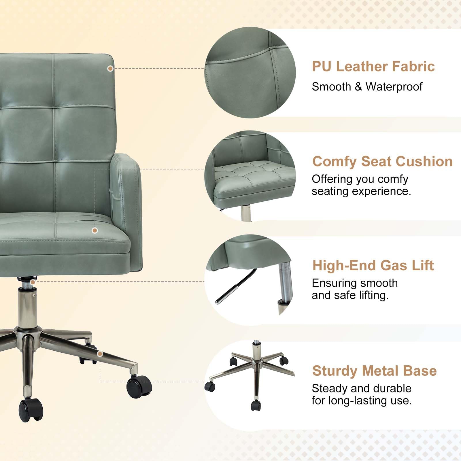 HULALA HOME Faux Leather Office Chair with Mid Back Support & Armrests, Mid Century Modern Tufted Home Desk Chair, Height-Adjustable Swivel Computer Task Chair for Study Bedroom Living Room, Sage