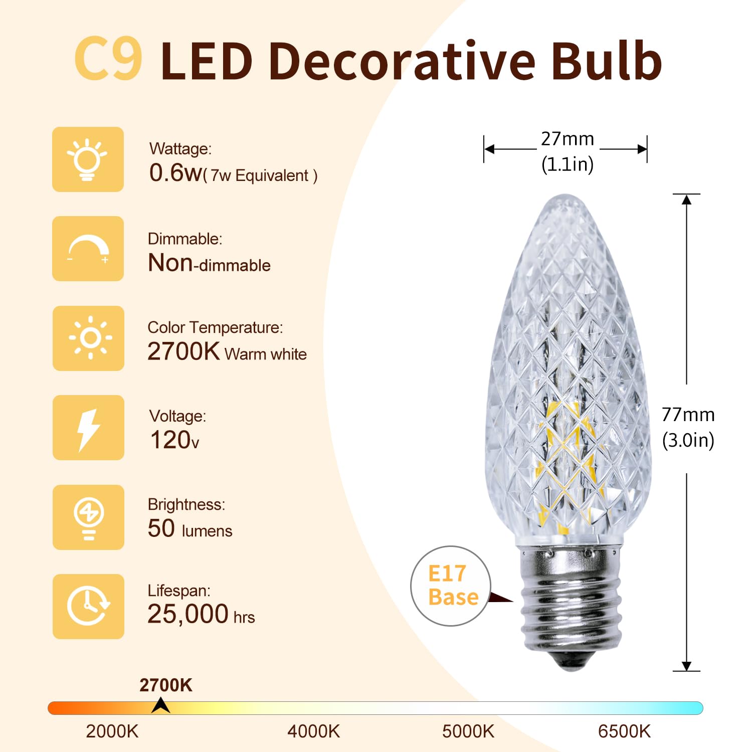 EMYMLIGHT 25 Pack C9 Led Replacement Christmas Light Bulb, Warm White C9 Shatterproof Led Bulbs for Indoor Outdoor Decorative String Light, E17 Base