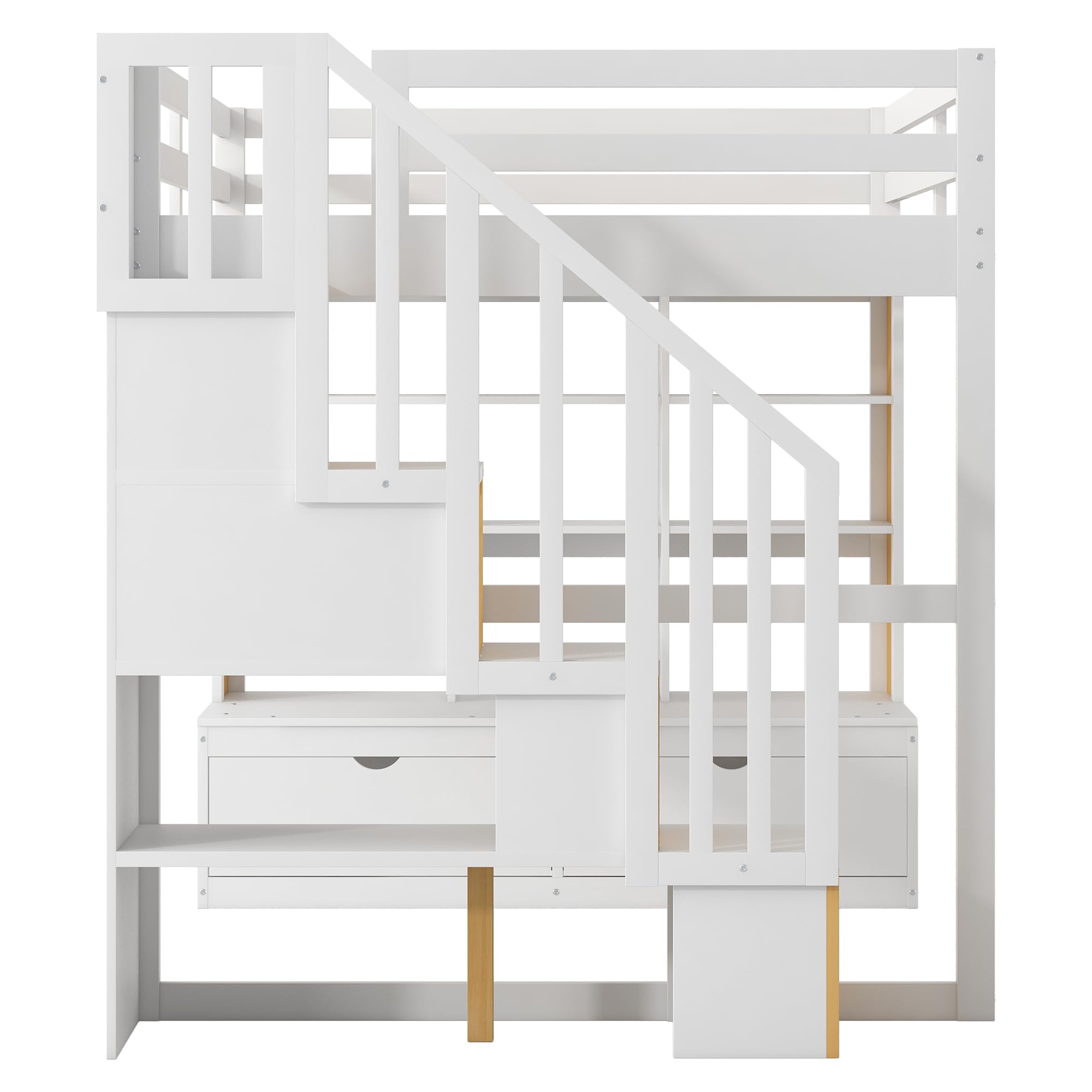 Urunqi Full Size Loft Bed with Desk and Storage Stairs, Wood Loft Bed Full with Shelves & Storage Drawers,Full Loft Bed with Desk Underneath for Kids Teens Boys Girls (White+Natural-191)