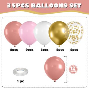 Dusty Pink and Gold Confetti Balloons,12 Inch Retro Pink Baby Pink Metallic Gold Ivory White and Confetti Princess Balloons for Girl Birthday Wedding Baby Shower Bridal Graduation Party Decoration