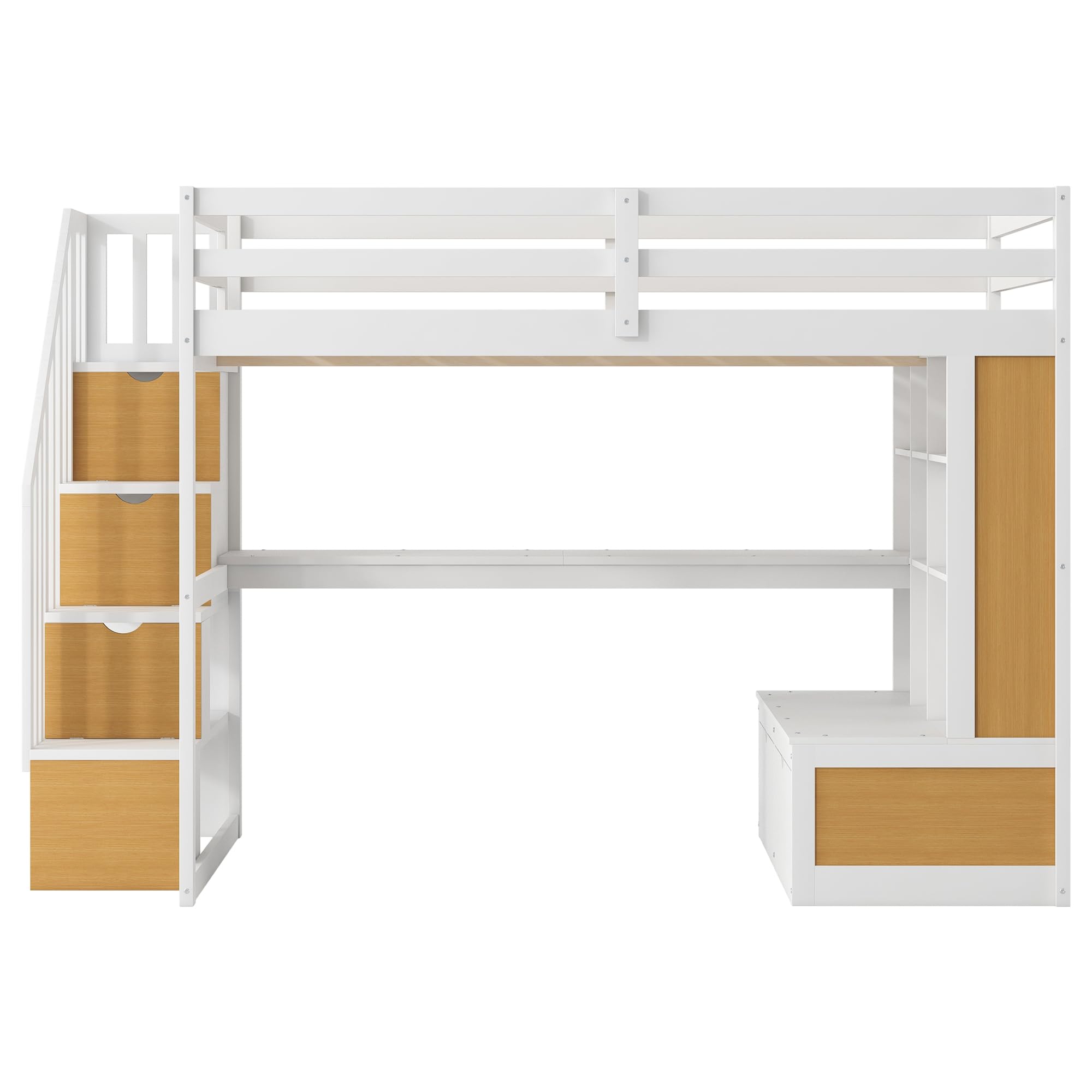 Urunqi Full Size Loft Bed with Desk and Storage Stairs, Wood Loft Bed Full with Shelves & Storage Drawers,Full Loft Bed with Desk Underneath for Kids Teens Boys Girls (White+Natural-191)