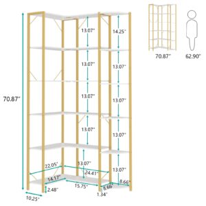 Loomie Gold Corner Shelf, 6-Tier 70.87" H Corner Bookcase, Tall Modern Corner Bookshelf Storage Display Rack, Open Book Case for Home Office & Living Room, Gold Finish Metal Frame & White Shelving