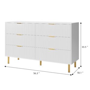 IDEALHOUSE White 6 Drawer Dresser for Bedroom, 56” Wide Wood Dresser Organizer with Metal Legs, Modern Chest of Drawers for Bedroom, Hallway, Home Office