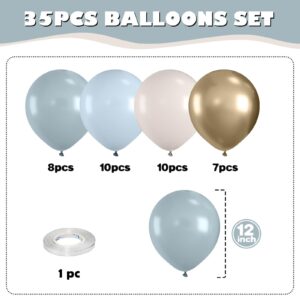 Dusty Baby Blue Gold Balloons,12 Inch Dusty Baby Blue Maca Blue White and Metallic Gold Balloons for Boy Baby Bridal Shower Birthday Gender Reveal Wedding Party Decorations