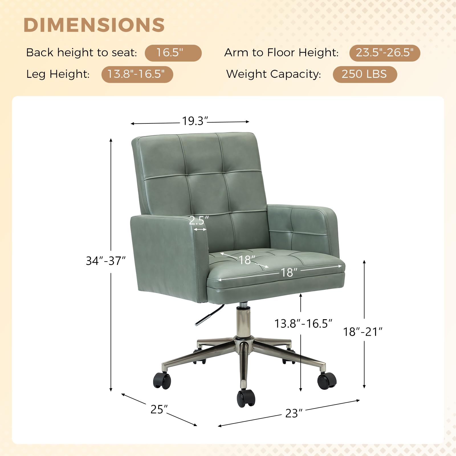 HULALA HOME Faux Leather Office Chair with Mid Back Support & Armrests, Mid Century Modern Tufted Home Desk Chair, Height-Adjustable Swivel Computer Task Chair for Study Bedroom Living Room, Sage