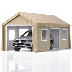 GarveeLife 10 x 20 ft Carport Heavy Duty, Portable Garage with 4 Roll-up Doors, 4 Mesh Windows, 180 g PE Tarps, and 8 x 1.0 mm Poles, for Full-Size Pickups, Bass Boats, and SUVs, Khaki