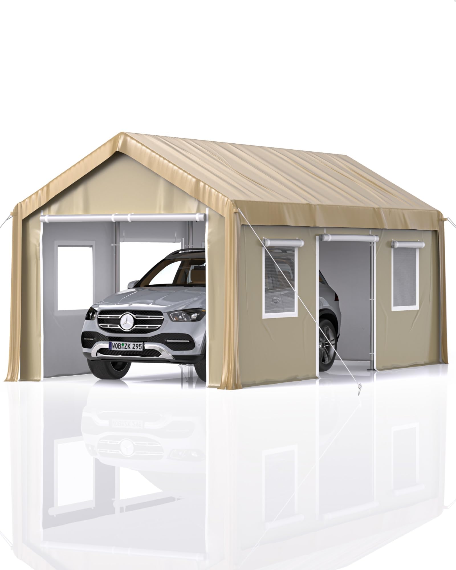 GarveeLife 10 x 20 ft Carport Heavy Duty, Portable Garage with 4 Roll-up Doors, 4 Mesh Windows, 180 g PE Tarps, and 8 x 1.0 mm Poles, for Full-Size Pickups, Bass Boats, and SUVs, Khaki