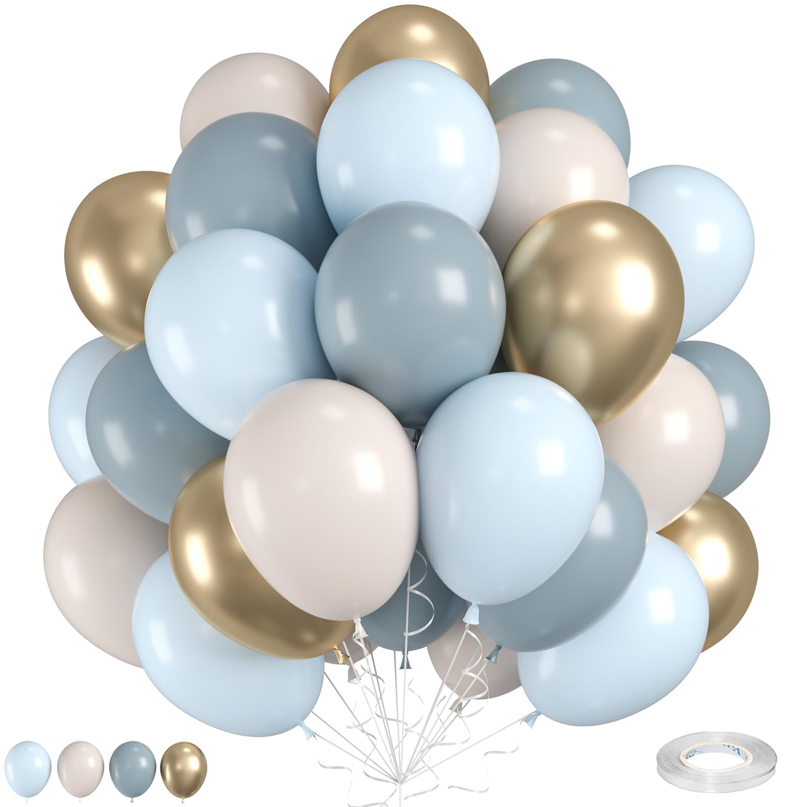 Dusty Baby Blue Gold Balloons,12 Inch Dusty Baby Blue Maca Blue White and Metallic Gold Balloons for Boy Baby Bridal Shower Birthday Gender Reveal Wedding Party Decorations