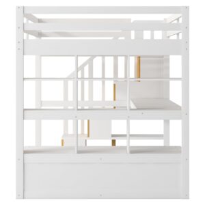 Urunqi Full Size Loft Bed with Desk and Storage Stairs, Wood Loft Bed Full with Shelves & Storage Drawers,Full Loft Bed with Desk Underneath for Kids Teens Boys Girls (White+Natural-191)