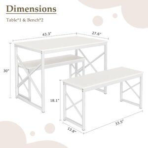 VECELO Kitchen Dining Table Set for 4, 43.3" Wood Rectangle Dinette with 2 Benches, Heavy-Duty Metal Frame for Small Space, Breakfast Nook, White