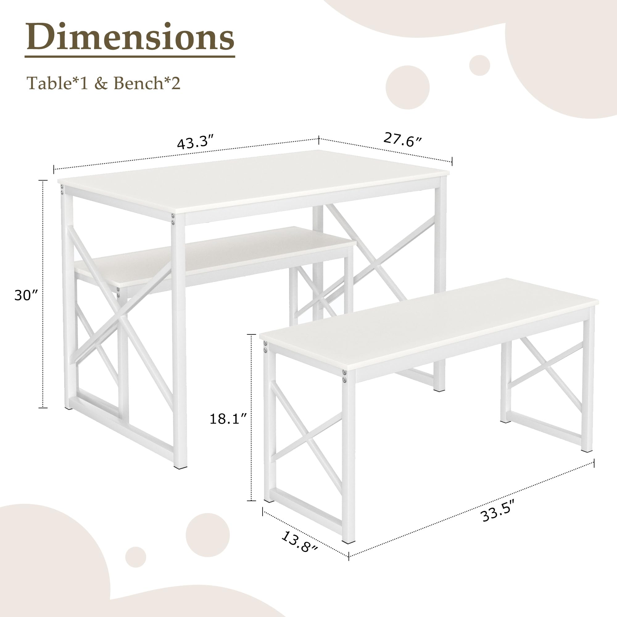 VECELO Kitchen Dining Table Set for 4, 43.3" Wood Rectangle Dinette with 2 Benches, Heavy-Duty Metal Frame for Small Space, Breakfast Nook, White